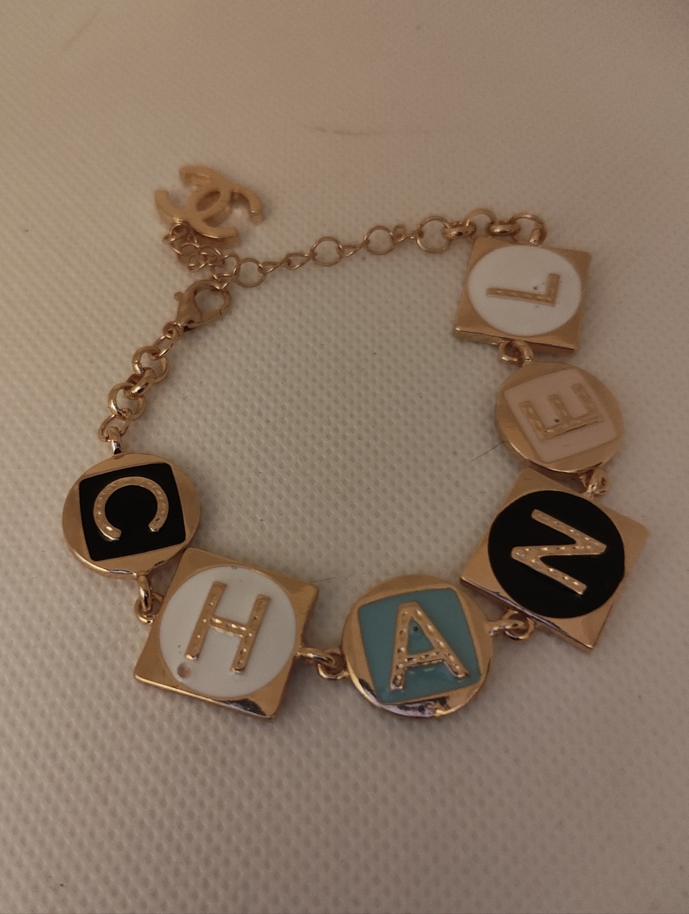 Gold-Tone Enamel Letter Bracelet - Black, White, Turquoise